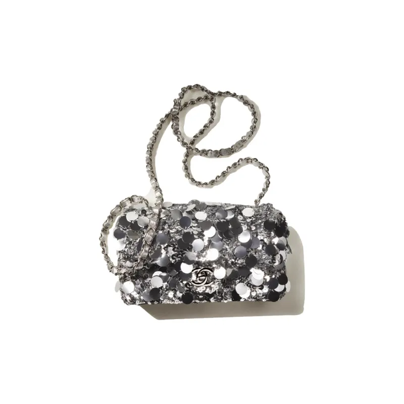 CHANEL Sequins Flap Bag Crossbody Bag Mini Women's Silver-0