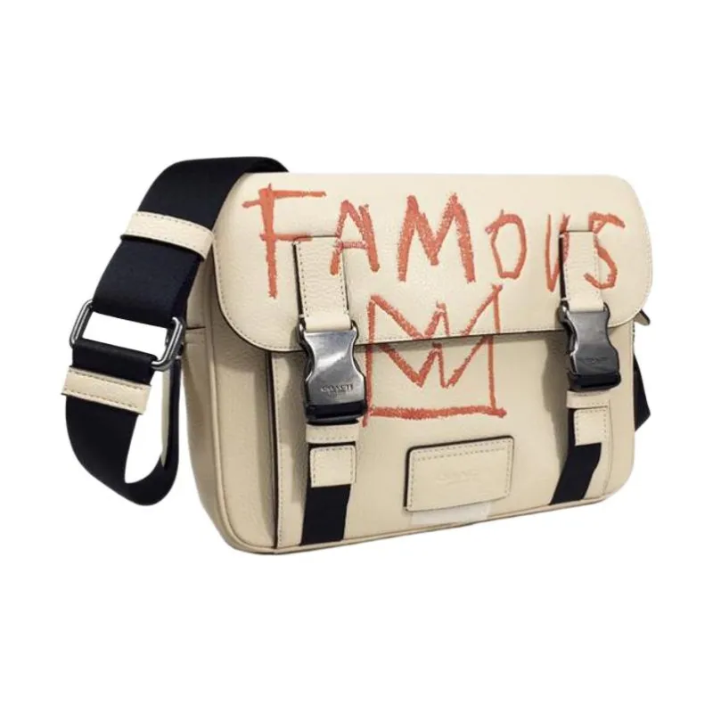COACH Basquiat Collaboration Track Leather Shoulder Bag, Crossbody Bag Large Size Men's Ecru-2