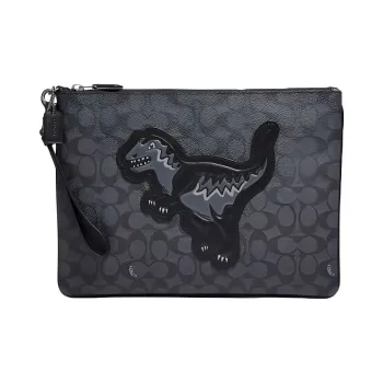 COACH Pouch Cow Leather Clutch Tubas Men's Charcoal Gray