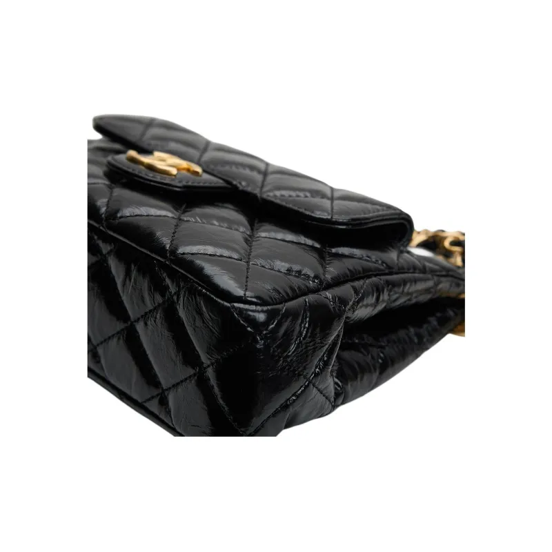 CHANEL Gold Tone Lock Shoulder Bag Women's Black-4
