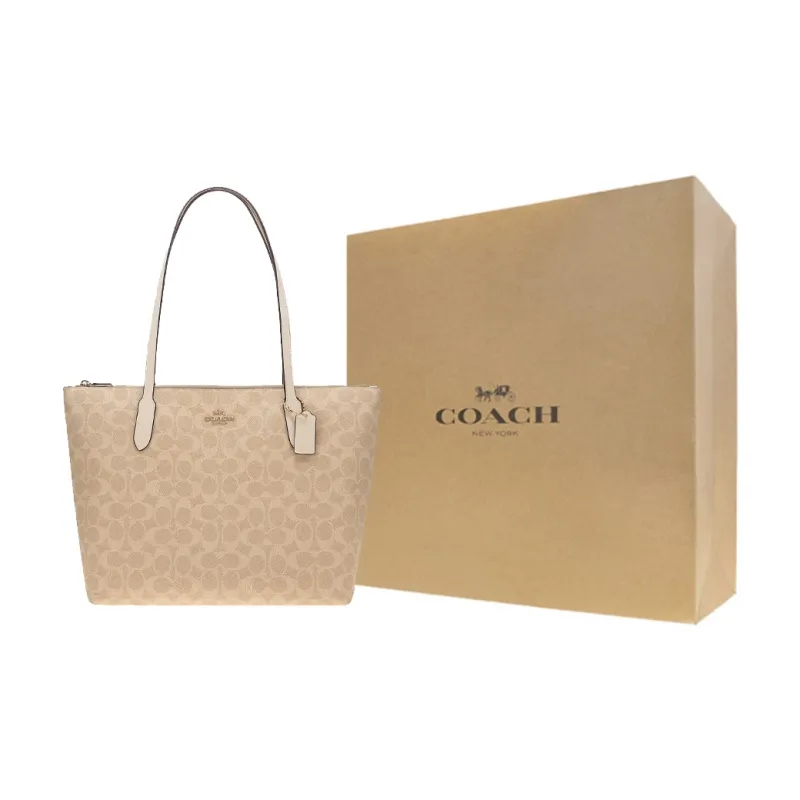 COACH Zip Top Tote Artificial Leather Tote Bag, Shopping Bag, Handbag, Shoulder Bag Tubas Women's Beige-7
