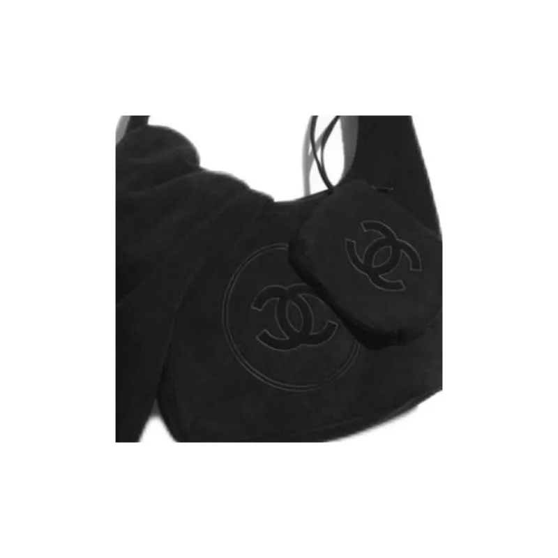 CHANEL Coco Cotton Beach Bag, Handbag, Shoulder Bag Unisex Black-3