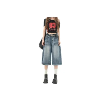 Wen Shan Denim Shorts Women's Vintage Blue Capri Pants