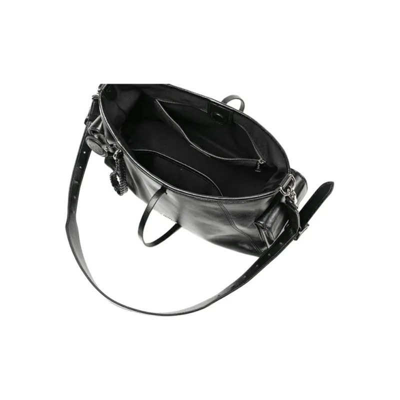 Folli Follie Top Grain Cow Leather Commute Minimalist Style Shoulder Bag Medium Size Women's Black-4