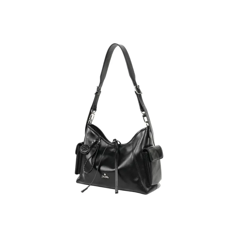 Folli Follie Top Grain Cow Leather Commute Minimalist Style Shoulder Bag Medium Size Women's Black-1