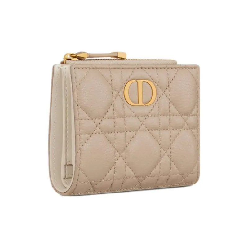 DIOR CaroDahlia Calfskin Wallet Women's Light Ivory & Pink Beige-1