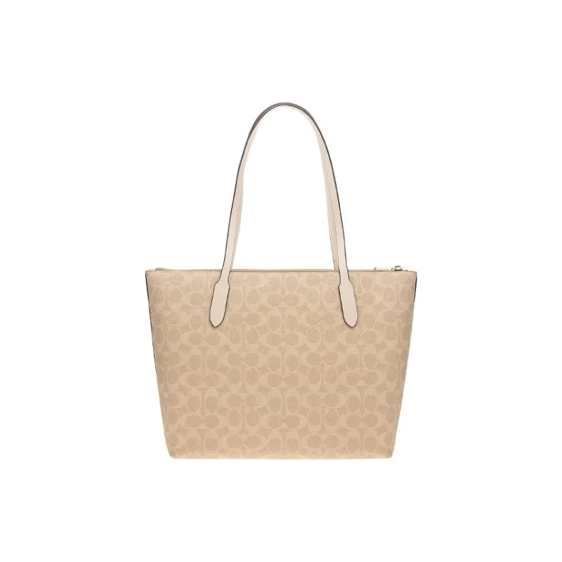 COACH Zip Top Tote Artificial Leather Tote Bag, Shopping Bag, Handbag, Shoulder Bag Tubas Women's Beige-3