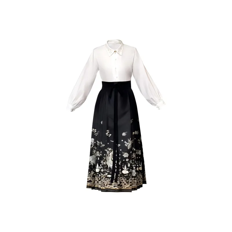 MDEHT Hanfu Women's White Shirt+Black Mamianqun Skirt Set-0