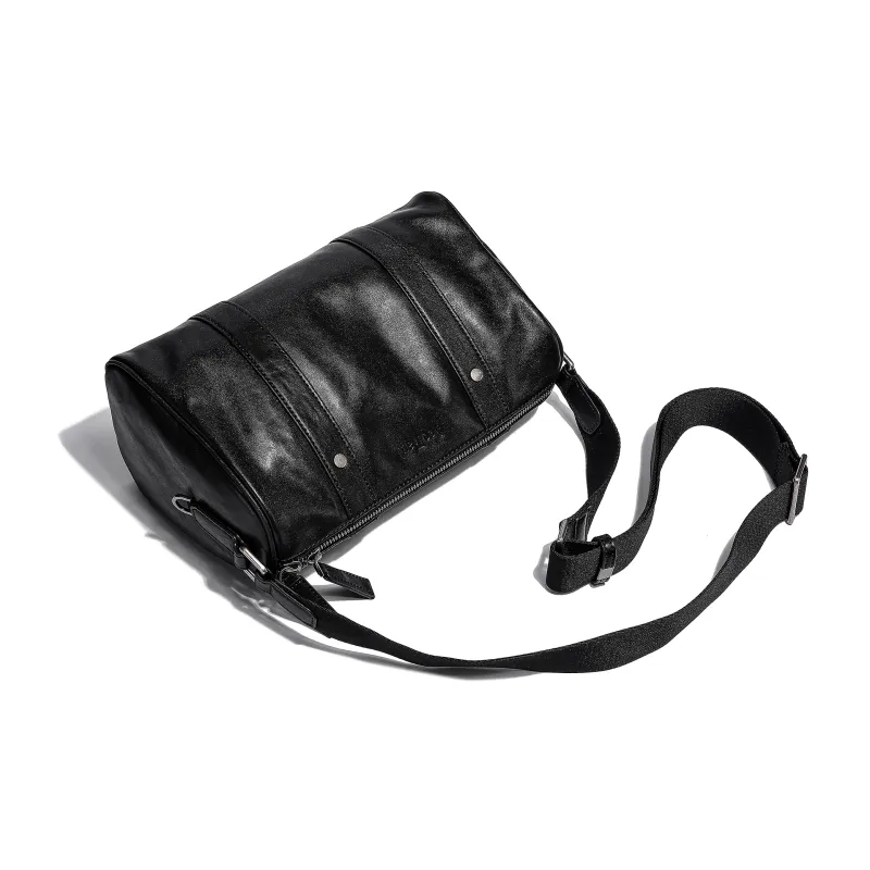 Ace Paul Vegetable Tanned Cow Leather Boston Bag, Crossbody Bag, Shoulder Bag Unisex Black-5