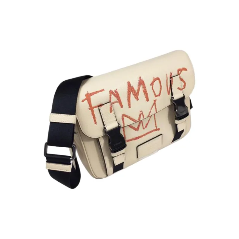 COACH Basquiat Collaboration Track Leather Shoulder Bag, Crossbody Bag Large Size Men's Ecru-3