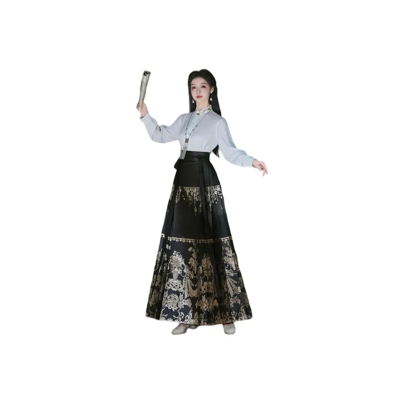 MDEHT Hanfu Women's White Top + Black Horse Face Skirt-0