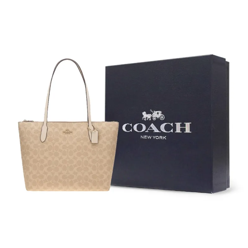 COACH Zip Top Tote Artificial Leather Tote Bag, Shopping Bag, Handbag, Shoulder Bag Tubas Women's Beige-8
