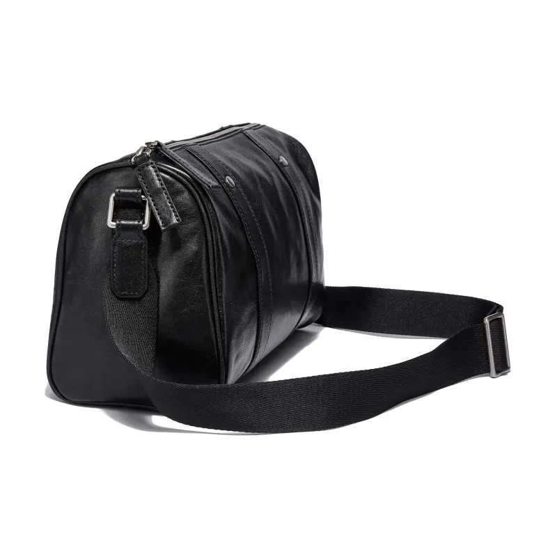 Ace Paul Vegetable Tanned Cow Leather Boston Bag, Crossbody Bag, Shoulder Bag Unisex Black-2