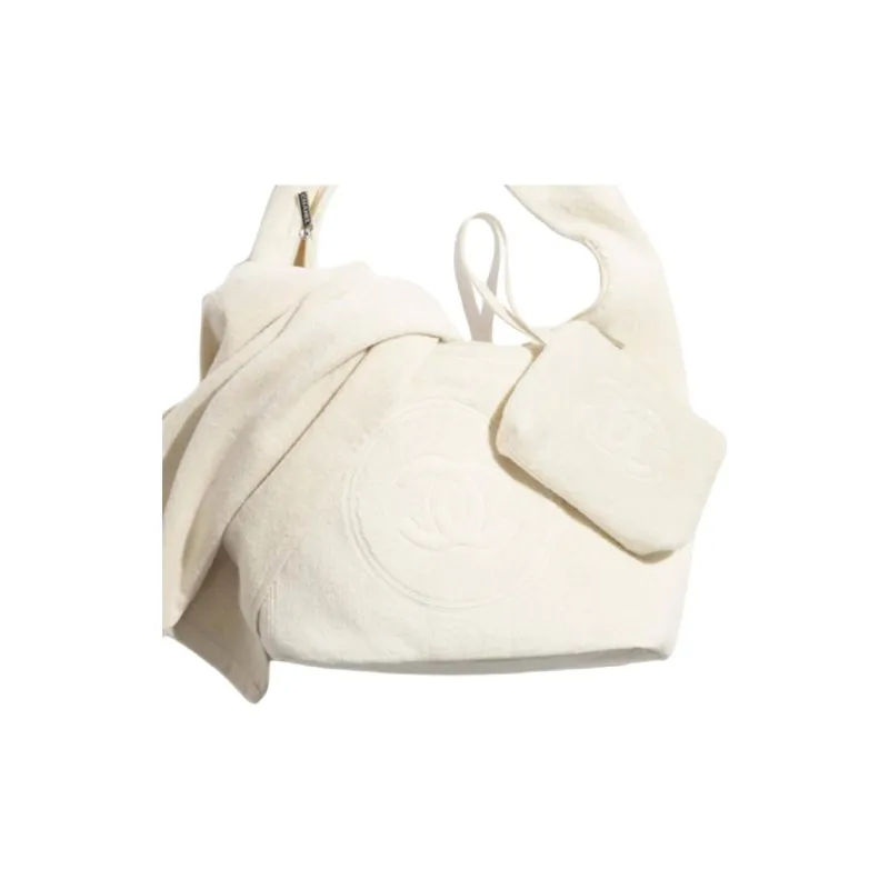 CHANEL Coco Cotton Beach Bag, Handbag, Shoulder Bag Women's White-5