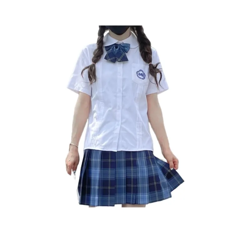 EFCR Uniforms Women's White Top+Blue Plaid Skirt-0