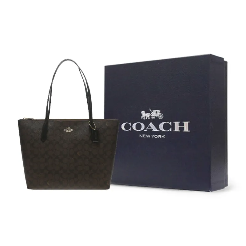 COACH Zip Top Tote Artificial Leather Tote Bag, Shopping Bag, Handbag, Shoulder Bag Tubas Women's Dark Brown-8