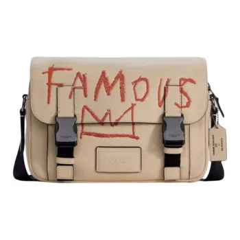 COACH Basquiat Collaboration Track Leather Shoulder Bag, Crossbody Bag Large Size Men's Ecru
