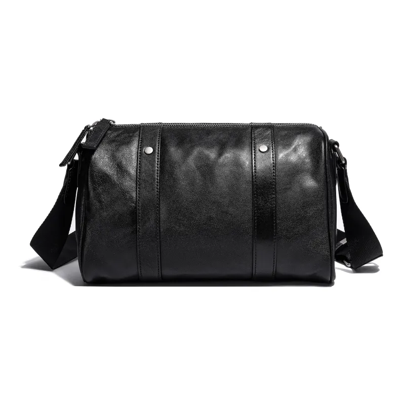 Ace Paul Vegetable Tanned Cow Leather Boston Bag, Crossbody Bag, Shoulder Bag Unisex Black-3