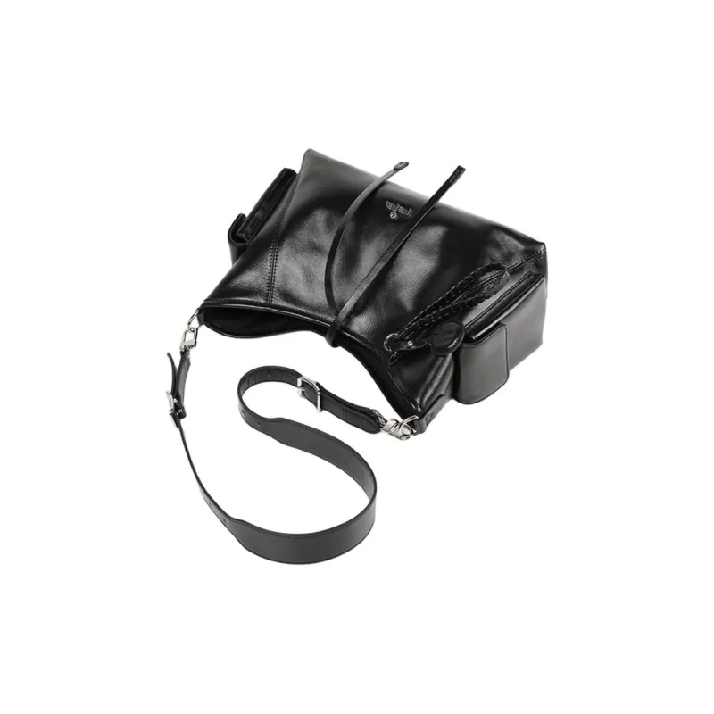 Folli Follie Top Grain Cow Leather Commute Minimalist Style Shoulder Bag Medium Size Women's Black-2