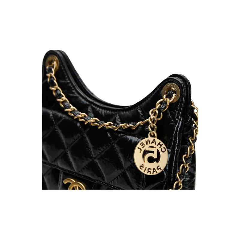 CHANEL Gold Tone Lock Shoulder Bag Women's Black-5