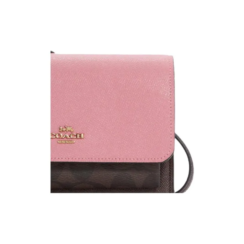 COACH Foldover Leather Fanny Pack, Crossbody Bag, Shoulder Bag Trumpets Women's Brown Monogram & Shell Pink-3