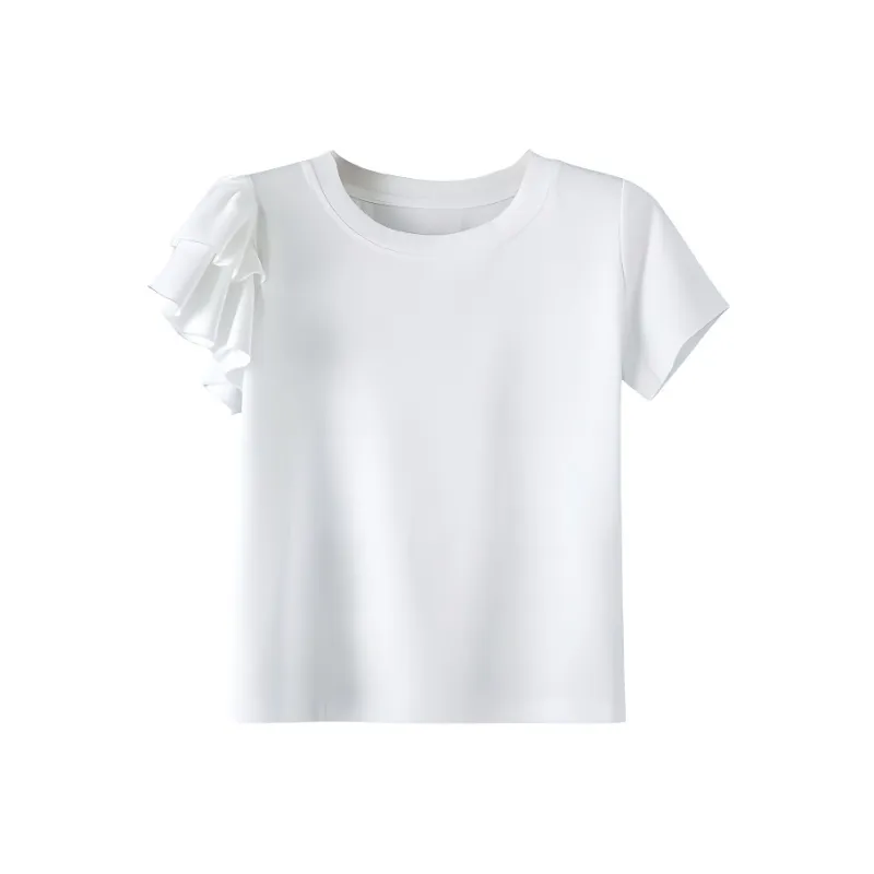 Late White Ruffle Sleeve T Shirt Women's-0