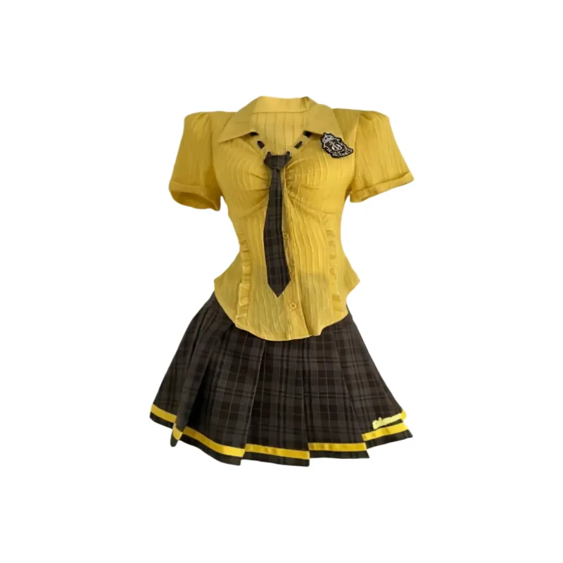 Nathania Two Piece Skirt Sets Women's Yellow Short Sleeved Shirt+Pleated Skirt With Badge Tie-0