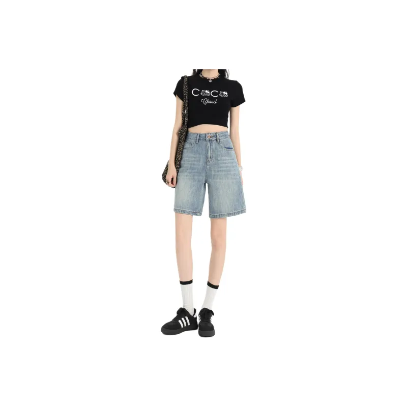 Wen Shan Denim Shorts Women's Light Blue Knee Length Pants-0