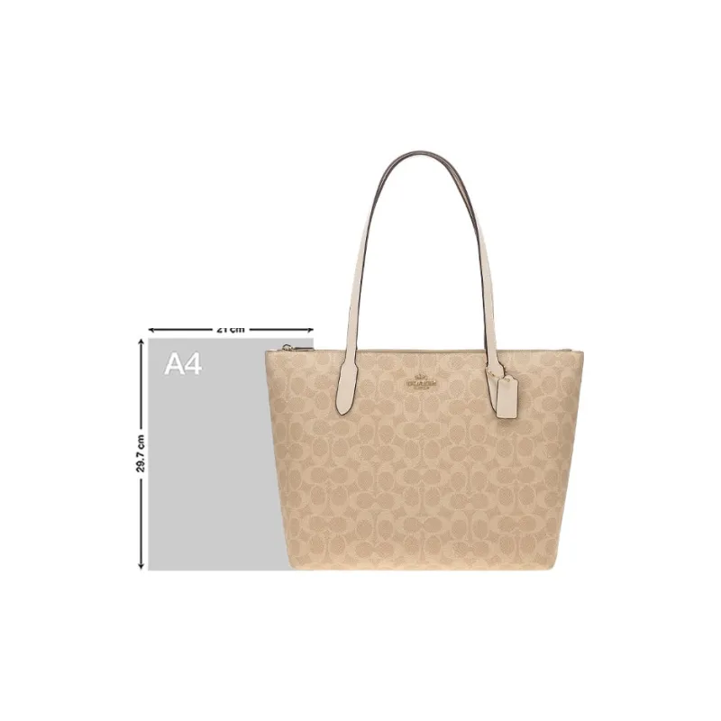 COACH Zip Top Tote Artificial Leather Tote Bag, Shopping Bag, Handbag, Shoulder Bag Tubas Women's Beige-6