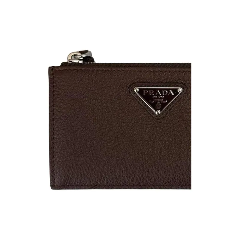 PRADA Leather Card Holder Men's Brown-1