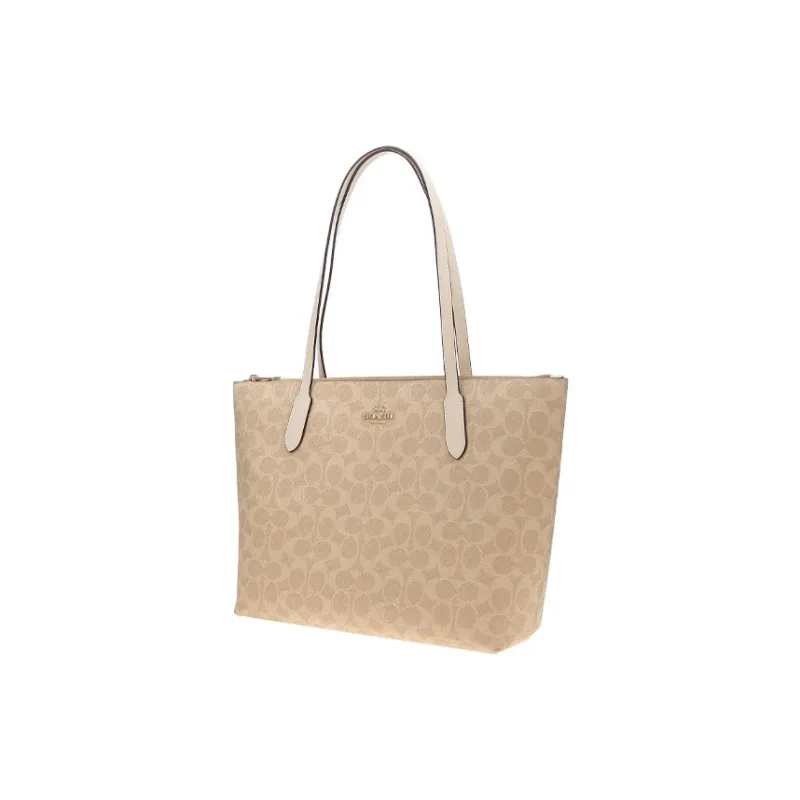 COACH Zip Top Tote Artificial Leather Tote Bag, Shopping Bag, Handbag, Shoulder Bag Tubas Women's Beige-1