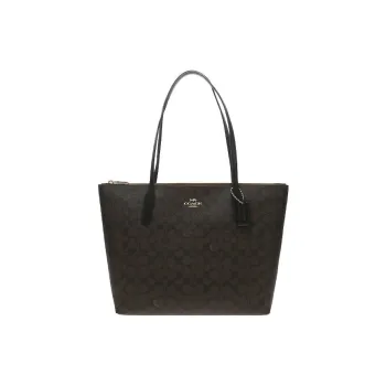 COACH Zip Top Tote Artificial Leather Tote Bag, Shopping Bag, Handbag, Shoulder Bag Tubas Women's Dark Brown