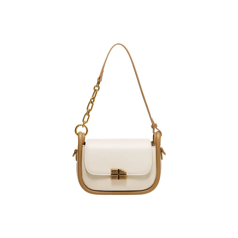 Narandu Synthetic Leather Saddle Bag Small Square Bag Shoulder Bag Crossbody Bag Women's Toffee Brown/Ecru & Brown-1