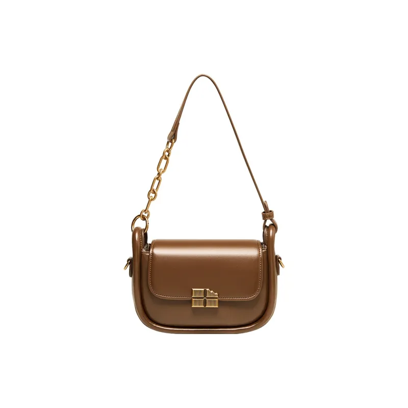 Narandu Synthetic Leather Saddle Bag Small Square Bag Shoulder Bag Crossbody Bag Women's Toffee Brown/Ecru & Brown-0
