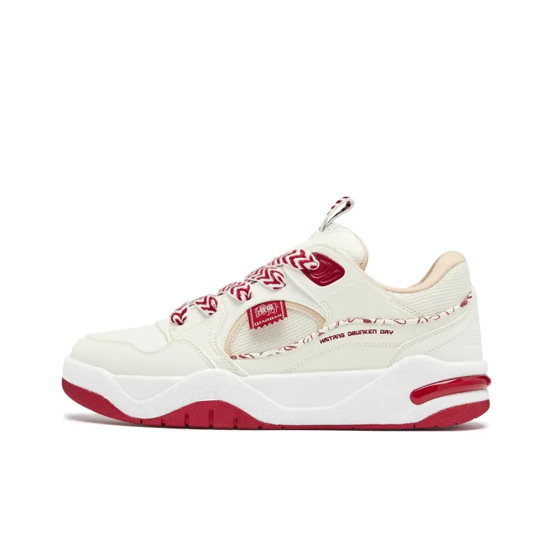 QIAODAN Wave Anti Slip Wear Resistant Low Top Skateboard Shoes Men's Ivory White Iron Red-0
