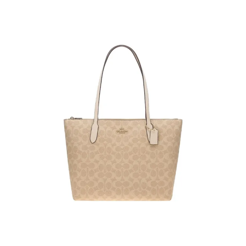 COACH Zip Top Tote Artificial Leather Tote Bag, Shopping Bag, Handbag, Shoulder Bag Tubas Women's Beige-0