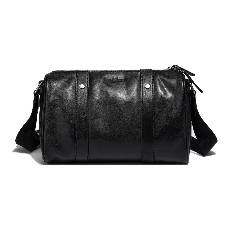 Ace Paul Vegetable Tanned Cow Leather Boston Bag, Crossbody Bag, Shoulder Bag Unisex Black-0
