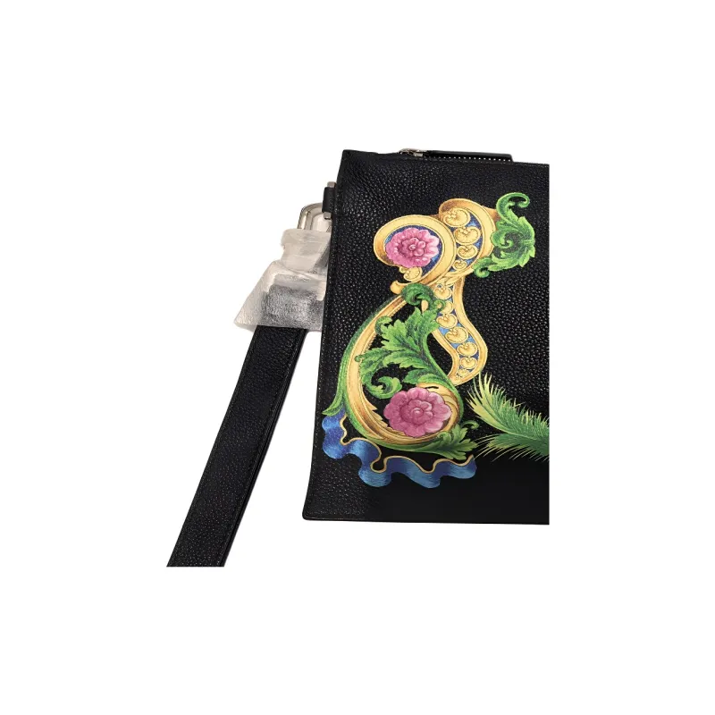 VERSACE Cow Leather Clutch Tubas Unisex Black-2