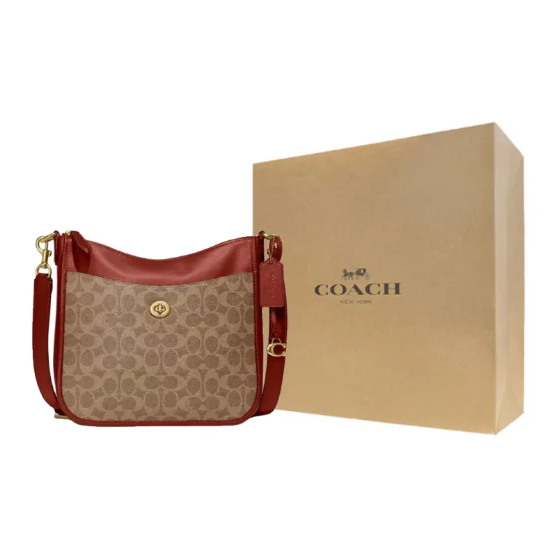 COACH Chaise Canvas Shoulder Bag Crossbody Bag Large Size Women's Brown & Rose Red-10