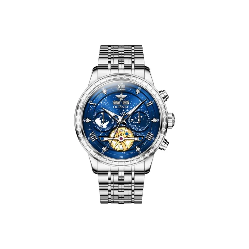 Oupinke Automatic Mechanical Movement Stainless Steel Watchband Watch Men's Watches Blue Dial-9