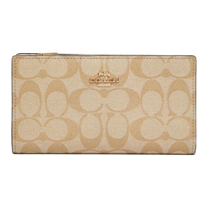 COACH Slim Wallet Canvas With Leather Clutch Wallet Trumpets Women's Dark Khaki-0