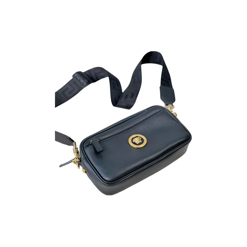 VERSACE Leather Cameras Shoulder Bag, Crossbody Bag Trumpets Men's Black-3