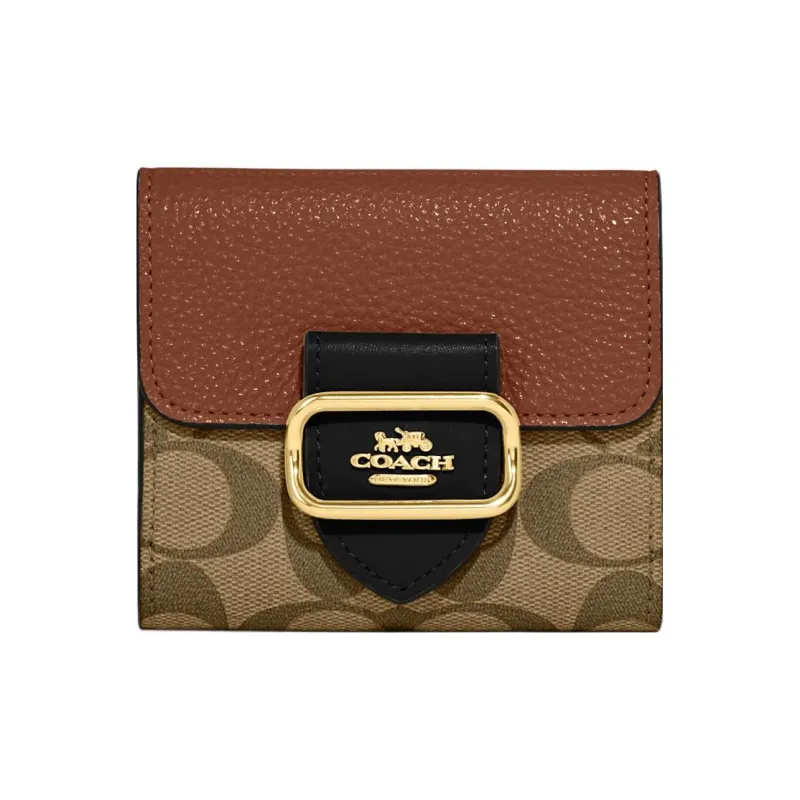 COACH Canvas With Leather Card Holder Wallet Small Size Women's Khaki And Brown-0