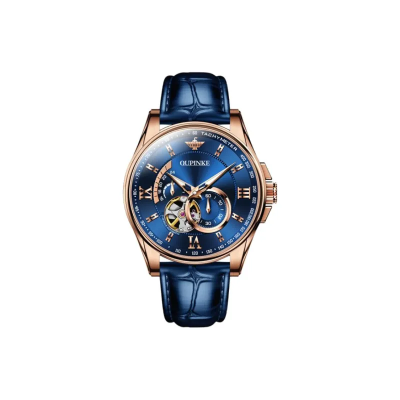 Oupinke Gaias Collection Cut Out Fly Reel Mechanical Movement Leather Strap Watch Men's Watches White Dial-9
