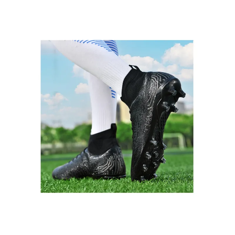 Kuding Soccer Shoes Unisex High Top Black/Black White-2