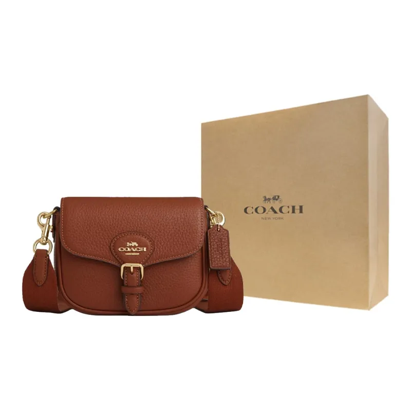 COACH Amelia Soft Pebbled Leather Saddle Bag Shoulder Bag Crossbody Bag Small Size Women's Gold Wood & Red-6