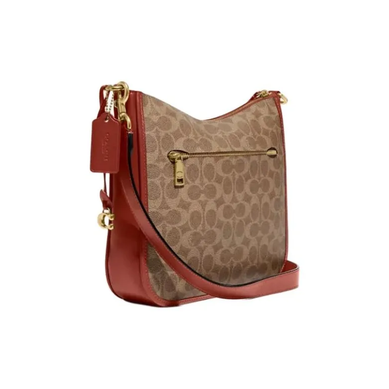 COACH Chaise Canvas Shoulder Bag Crossbody Bag Large Size Women's Brown & Rose Red-1