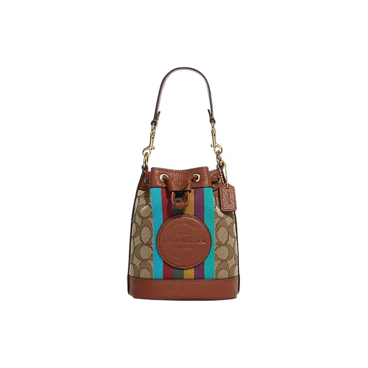 COACH Dempsey Fabric With Cow Leather Bucket Bags Handbags Shoulder Bag Crossbody Bag Mini Women's Khaki-0