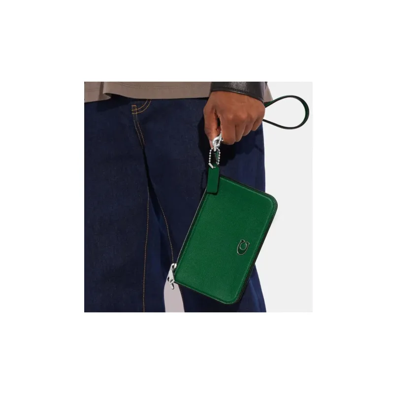 COACH Pouch Cross Grain Leather With Canvas Clutch Handbag, Shoulder Bag Women's Green-4