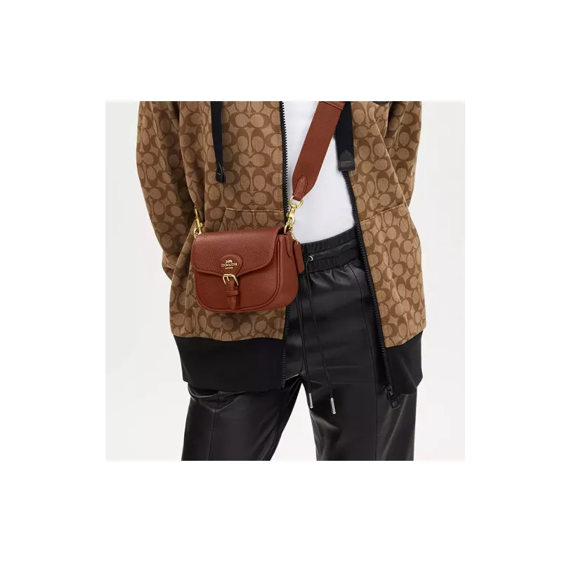COACH Amelia Soft Pebbled Leather Saddle Bag Shoulder Bag Crossbody Bag Small Size Women's Gold Wood & Red-4